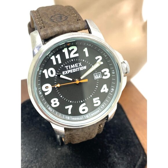 Timex Men's Watch T44921 Expedition Quartz Indiglo Black Dial Brown Leather 40mm - Picture 13 of 14